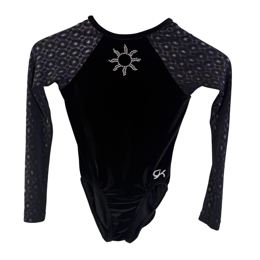 GK Leotard Competition Girl's L Black Velvet Silver BLING Starburst Rhinestone